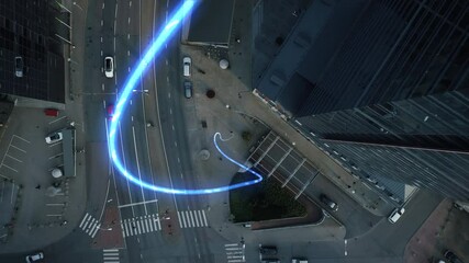 Big City Businessman Uses Smartphone, Stands on Crowded Street. E-Commerce Visualization of Information Lines Flying from Mobile Phone into Global Digital Network. Top Down Zoom out Aerial Drone Shot