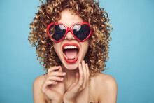 Cheerful Woman Wearing Dark Glasses Red Lips Open Mouth Look Forward 