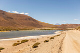 Fototapeta Natura - Desert road with lake and mountain