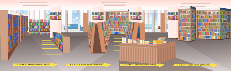 library with signs for social distancing yellow stickers coronavirus epidemic protection measures horizontal vector illustration