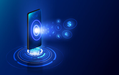 Poster - International currency transfer, payment via a smartphone using a smartphone Vector illustration of money concept