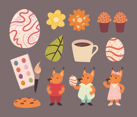 Poster - Happy easter foxes cartoons with icon collection vector design