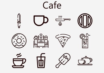 Premium set of cafe [S] icons. Simple cafe icon pack. Stroke vector illustration on a white background. Modern outline style icons collection of Coffee pot, Donut, Pizza, Knife, Lemonade, Fried