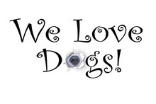 Composite Image With Text And Photo: "We Love Dogs" With A Dog's Nose Burst Through The "o" In Dogs