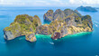 Aerial drone view of tropical Ko Phi Phi island, beaches and boats in blue clear Andaman sea water from above, beautiful archipelago islands of Krabi, Thailand
