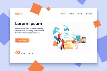 Poster - Designers working on internet store website. Computer, professional team, woman with shopping bag. Online shop concept. Vector illustration can be used for presentation slide, poster, new projects