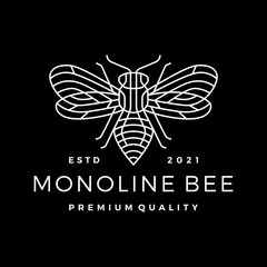 Wall Mural - monoline bee line outline line art black background logo vector icon illustration