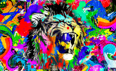 Wall Mural - lion head with creative abstract elements on colorful background