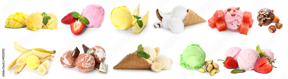 Set of different ice-cream on white background - obrazy, fototapety, plakaty 