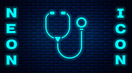 Wall Mural - Glowing neon Stethoscope medical instrument icon isolated on brick wall background. Vector.