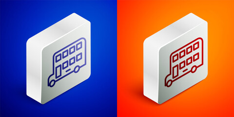 Poster - Isometric line Double decker bus icon isolated on blue and orange background. London classic passenger bus. Public transportation symbol. Silver square button. Vector.