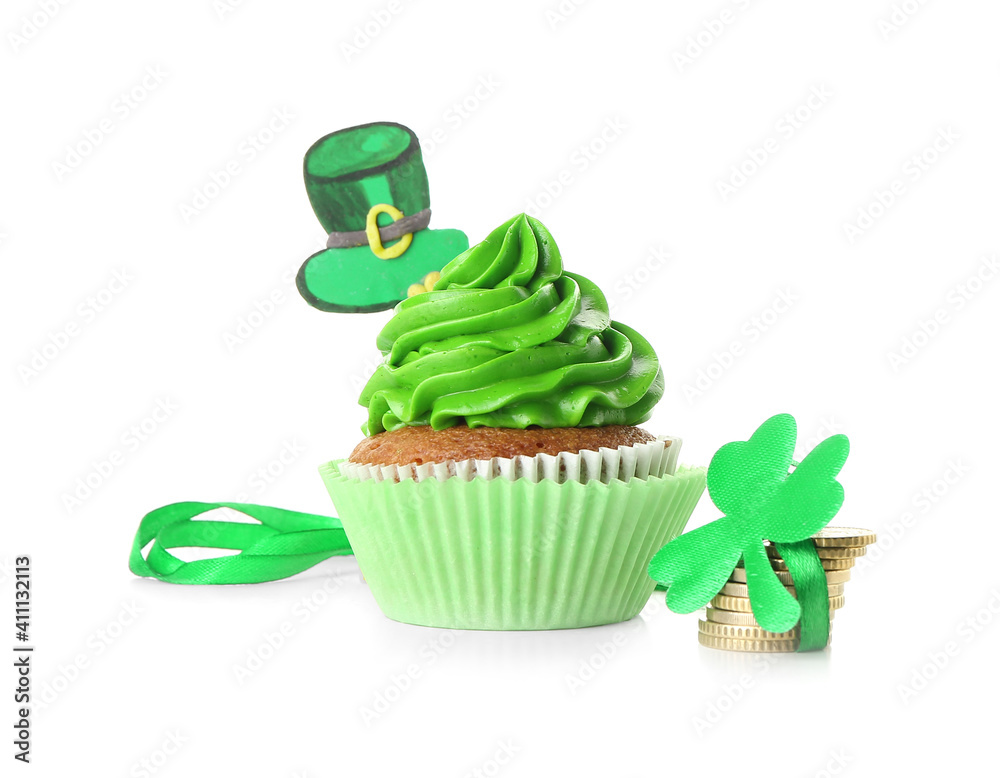 Tasty cupcake for St. Patrick's Day on white background