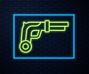 Canvas Print - Glowing neon line Vintage pistols icon isolated on brick wall background. Ancient weapon. Vector.