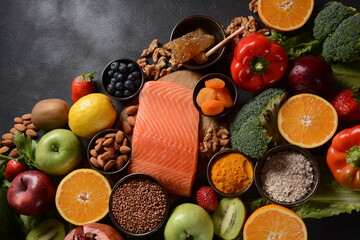  Healthy food background fruits vegetables, salmon, honey, seeds, superfood, cereals,