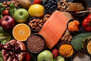  Healthy food background fruits vegetables, salmon, honey, seeds, superfood, cereals,