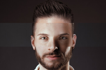 mixed people horizontal split face of three mans look neutral at camera without emotions and mental mindset