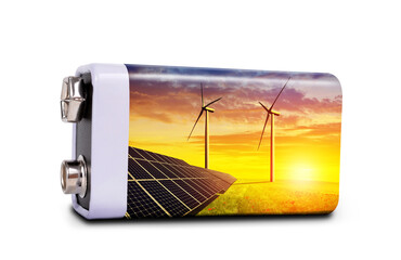 Wall Mural - battery with solar panels and wind turbines isolated on a white background. the concept of sustainab