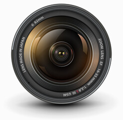 Poster - Camera photo lens, front view, realistic 3D vector icon.