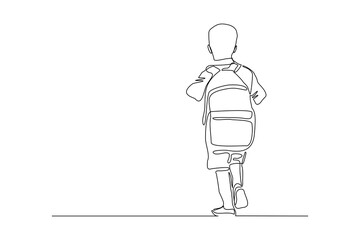 Wall Mural - Continuous line drawing of little boy man walking on the street. Concept of student person with bag go to school. Vector illustration