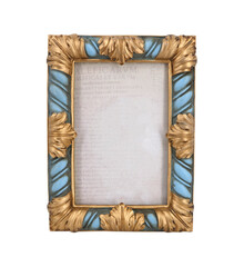 Gold blue photo frame with carved ornament and yellow flowers isolated on white background