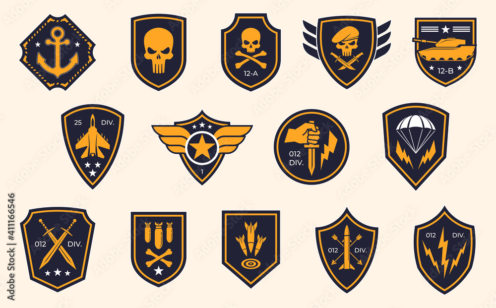 Military stripes, emblems. Logos of military groups. Special military insignia, aircraft, tanks, missiles, infantry, skulls - obrazy, fototapety, plakaty 