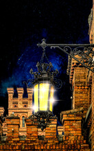 Magic Shining Lantern And Old Castle At Night
