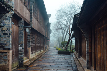  WUZHEN,CHINA-MARCH 6,2012: Ancient buildings along the canal. Morning fog over the city.