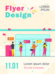 Aufkleber - People standing queue in bank to withdrawing cash money flat vector illustration. AI face recognition with camera for access. Digital safety, analysis and control concept