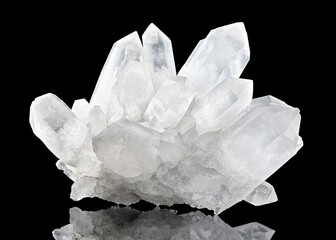 Wall Mural - Amazing pure Quartz Crystal cluster gemstone closeup macro isolated on black background. Natural rare white mineral rough stone. Beautiful crystals arrangement