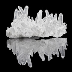 Wall Mural - Amazing pure Quartz Crystal cluster gemstone closeup macro isolated on black background. Natural rare white mineral rough stone. Beautiful crystals arrangement