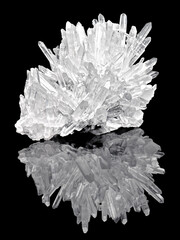 Wall Mural - Amazing pure Quartz Crystal cluster gemstone closeup macro isolated on black background. Natural rare white mineral rough stone. Beautiful crystals arrangement