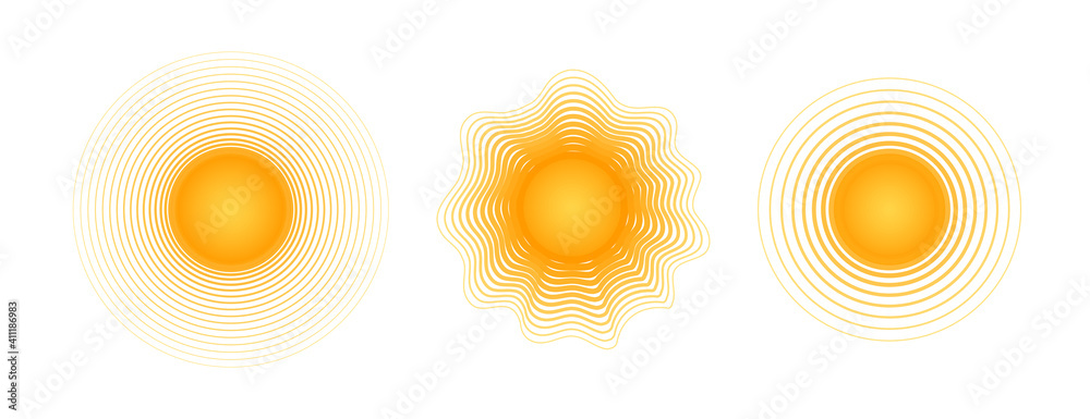 Solar radial pattern Orange abstract banner from lines Sun shape design element with a lines pattern rays Decorative sun icon solar symbol for creative design of summer spring theme Vector solar set - obrazy, fototapety, plakaty 