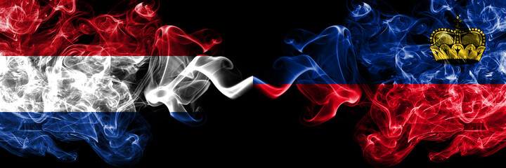 Netherlands vs Liechtenstein smoky mystic flags placed side by side. Thick colored silky abstract smoke flags.