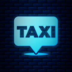 Glowing neon Map pointer with taxi icon isolated on brick wall background. Location symbol. Vector.