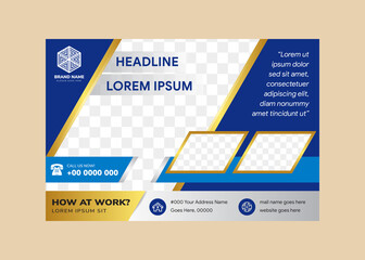 Poster - Business consultants flyer design template use horizontal layout. bright blue background with gold as border and grey on elements. diagonal space of photo collage.