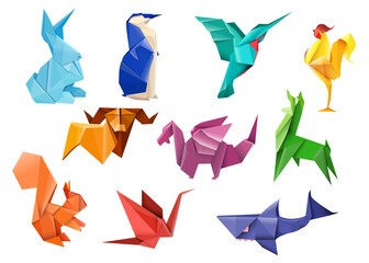creative japanese origami flat item set. cartoon colorful polygon hare, bird, dragon, bull, and squi