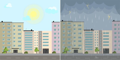 house vector. sunny and rainy weather flat style modern buildings with skyline background. good and 