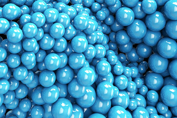 Poster - 3D blue bubbles. Dynamic bouncing balls and copy space for text. Abstract pastel background advertisement. Platform, exhibition base for the template. 3d render illustration
