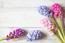 Wooden White Background With Hyacinth Flowers And Space For Text