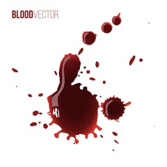 Poster - Blood drops. Red splattered stains, splash, drip liquid spots vector illustration. Murder crime scene textures on white background. Horror bloody scary collection of bloodstains