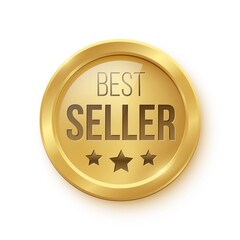 gold medal for best seller. professional golden trophy award with text and stars vector illustration