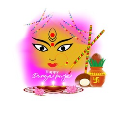 Wall Mural - illustration of Goddess Durga Face in Happy Durga Puja, Subh Navratri, maa, abstract background with text Durga puja means Durga Puja