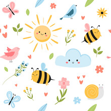 Cute Spring Seamless Pattern With Bees, Sun, Cloud, Birds And Flowers. Flat Hand Drawn Cartoon Style Vector Illustration. Adorable Childish Pattern For Fabrics, Textile, Wrapping, Background.
