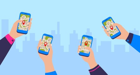 Aufkleber - GPS navigation app. Mobile navigational application. Cartoon hands holding smartphones on cityscape background. Modern online map service. Determining location and path in city, vector illustration