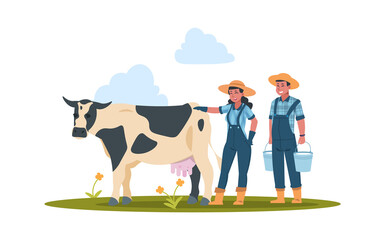 Farmers with cow. Cartoon characters doing farming job. Man and woman take care of domestic animal. Cute farm workers holding buckets with new milk. Cattle produce dairy products. Vector illustration