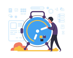 Poster - Organizing task and schedule planning. Time management concept. Minimal clock and man making plan of work. Effective workflow and productivity multitask job. Vector optimization business processes