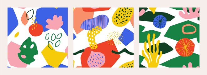 Poster - Doodle shape pattern. Abstract scribble contemporary seamless texture set, modern art shapes for fabric print and social media posts. Vector hand drawn background with geometry and floral symbols