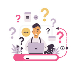 Aufkleber - Customer support. FAQ concept. Chat for asking frequently questions. Helpful information and online communication. Web service with answers for clients and confused users. Vector internet helpdesk