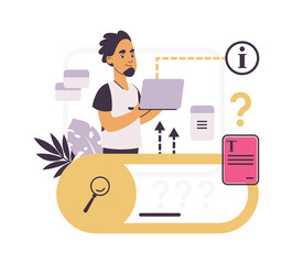 Aufkleber - FAQ. Customer support concept. Online assistance for clients and corporate feedback. People asks questions in chat and gets answers and useful recommendations. Man with laptop. Vector web consultation