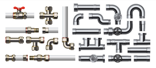 metal pipeline. realistic industrial conduit with connections and valves. 3d glossy stainless steel 